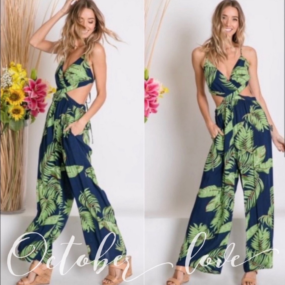 Tropical Palm Leaf Jumpsuit with Open Back and POCKETS!